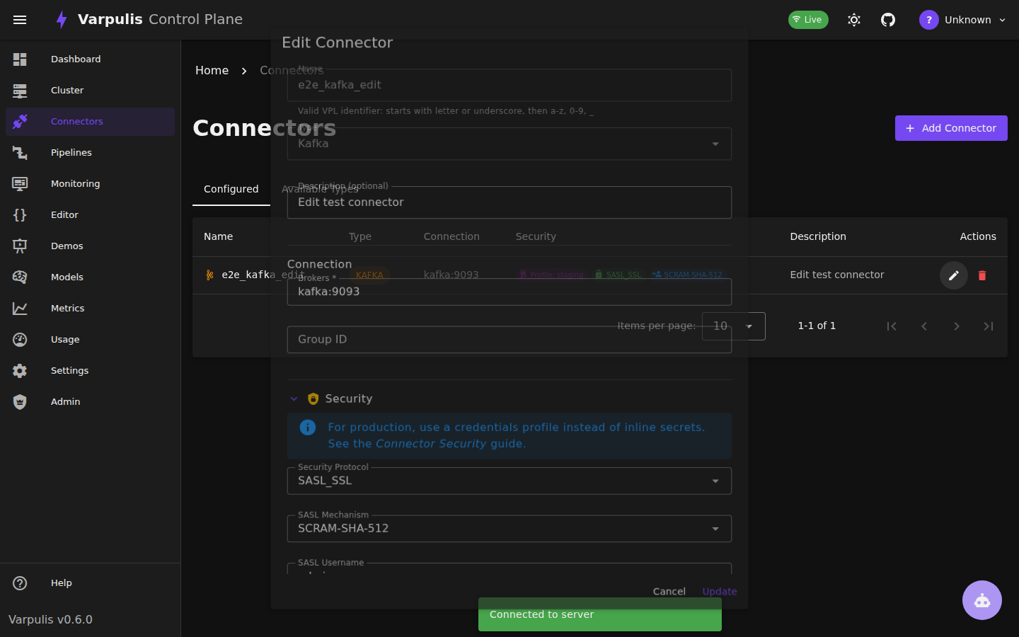 Edit connector with security settings