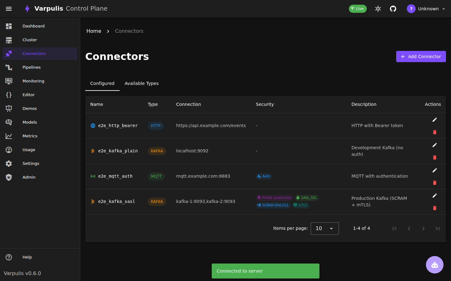 Connector list with security badges
